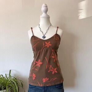 Vintage Reitmans Cotton Floral Milkmaid Cami Womens Sz L Beaded Brown coconut